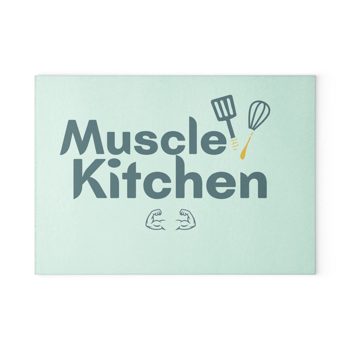 Glass Cutting Board — "Muscle Kitchen" Funny Fitness Chef Cutting Board, Gym Lover Kitchen Decor