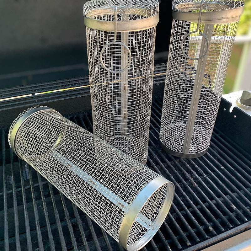 Rolling Metal BBQ Grilling Basket Portable Outdoor Camping Rack