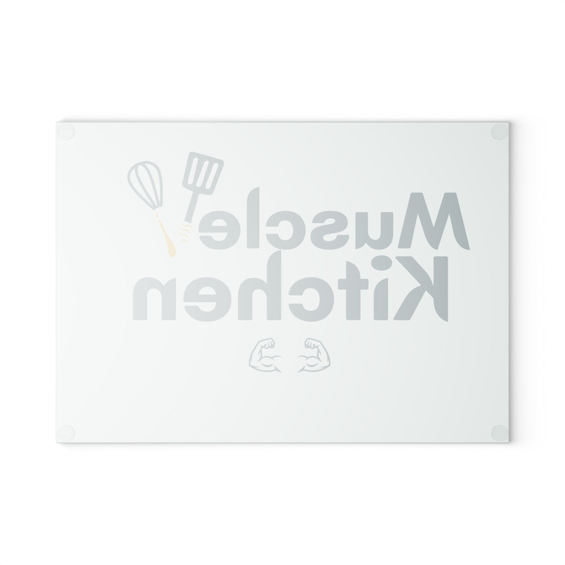 Glass Cutting Board — "Muscle Kitchen" Funny Fitness Chef Cutting Board, Gym Lover Kitchen Decor