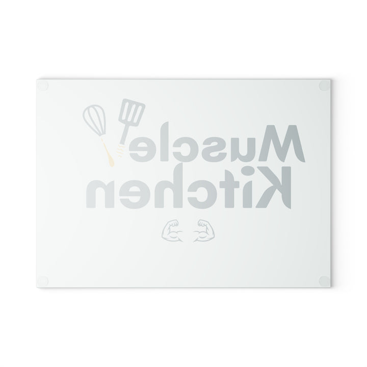 Glass Cutting Board — "Muscle Kitchen" Funny Fitness Chef Cutting Board, Gym Lover Kitchen Decor