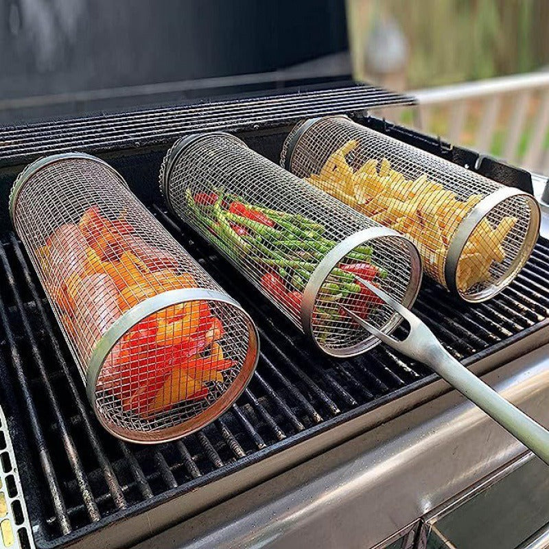 Rolling Metal BBQ Grilling Basket Portable Outdoor Camping Rack