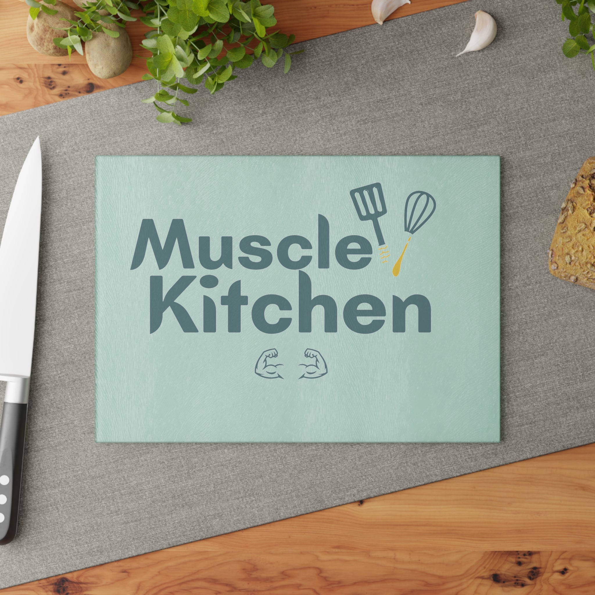 Glass Cutting Board — "Muscle Kitchen" Funny Fitness Chef Cutting Board, Gym Lover Kitchen Decor