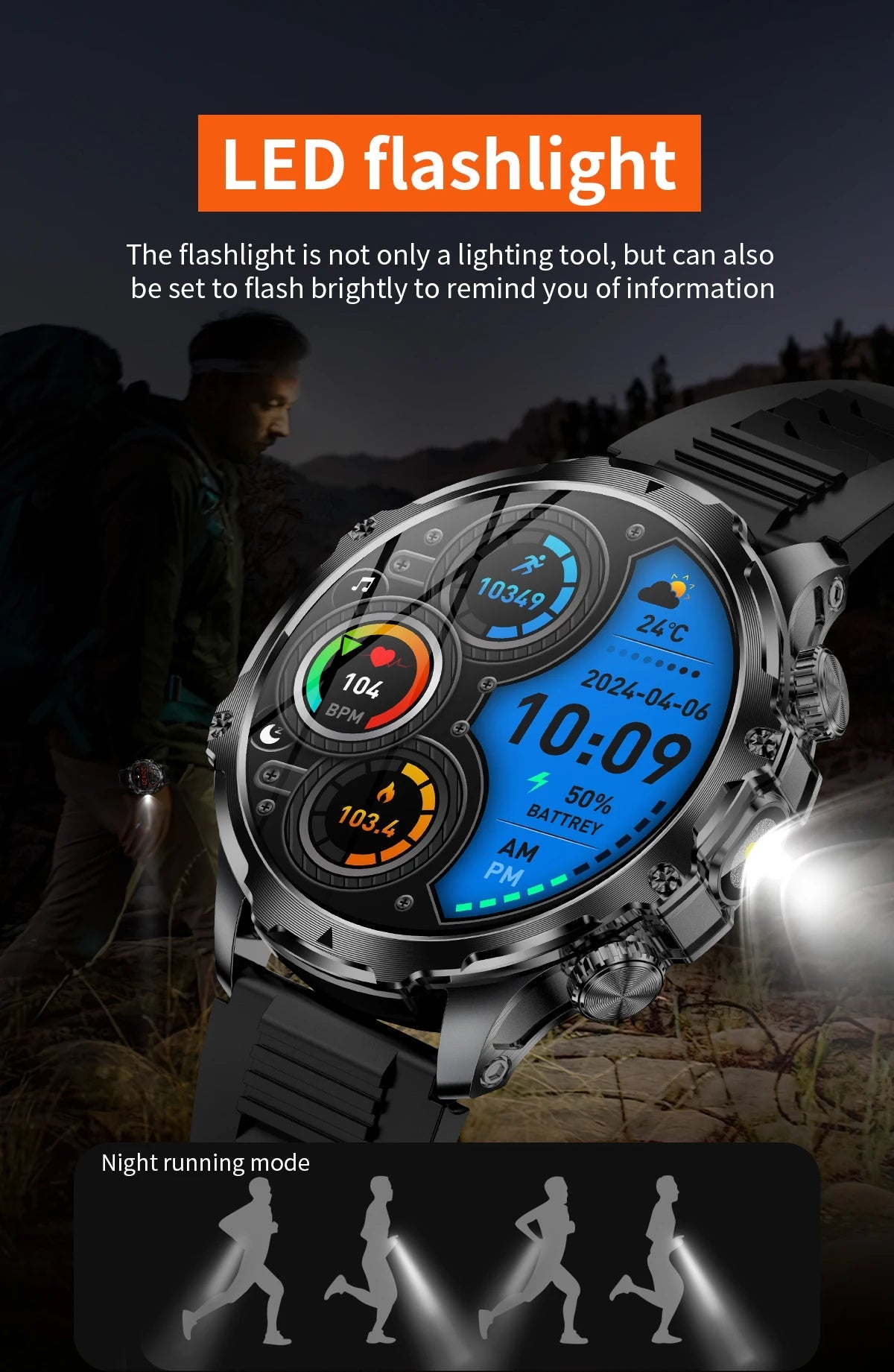 AK75 Smart Watch Flashlight BT Calling Outdoor Fitness Tracker
