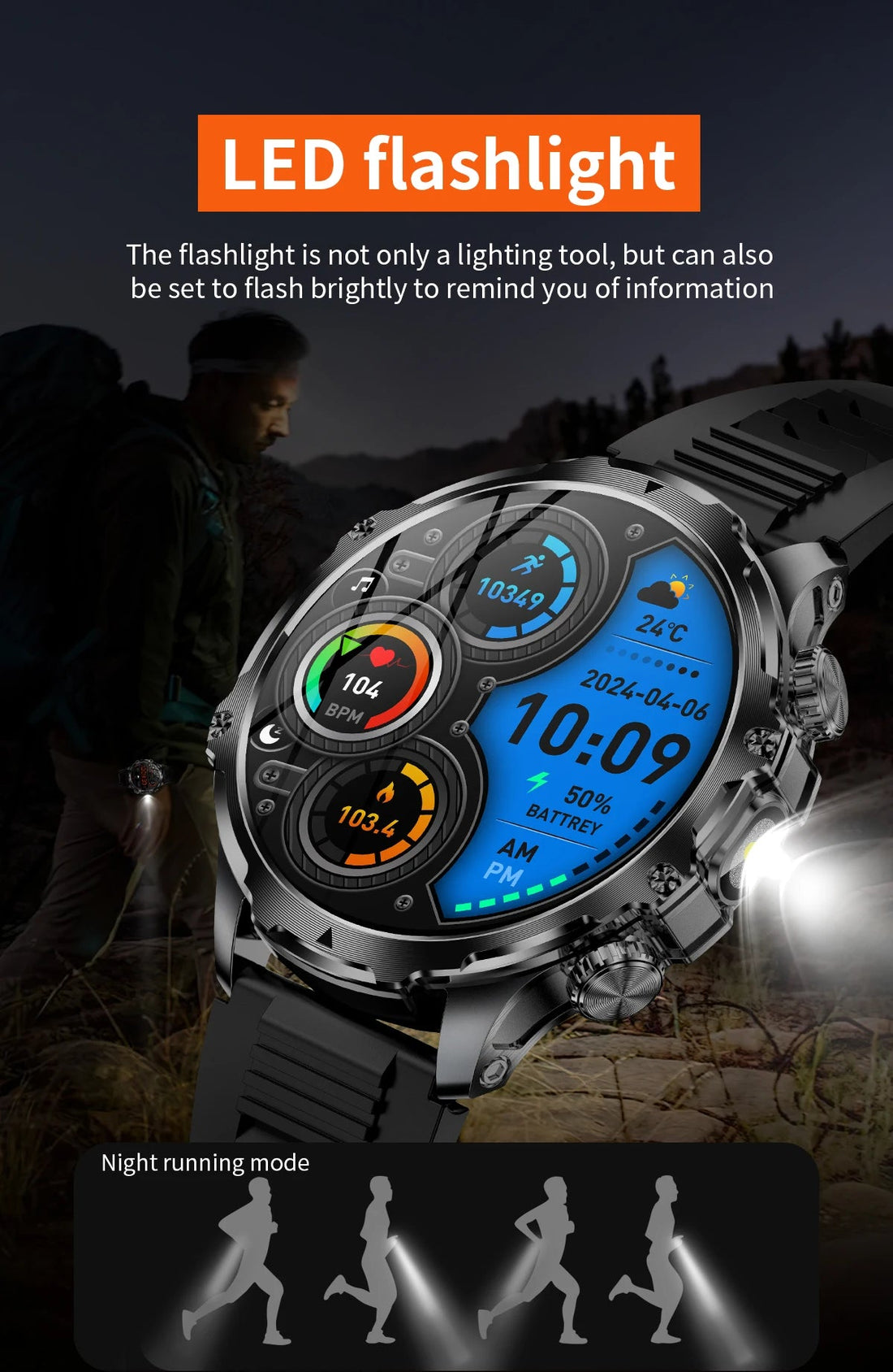 AK75 Smart Watch Flashlight BT Calling Outdoor Fitness Tracker