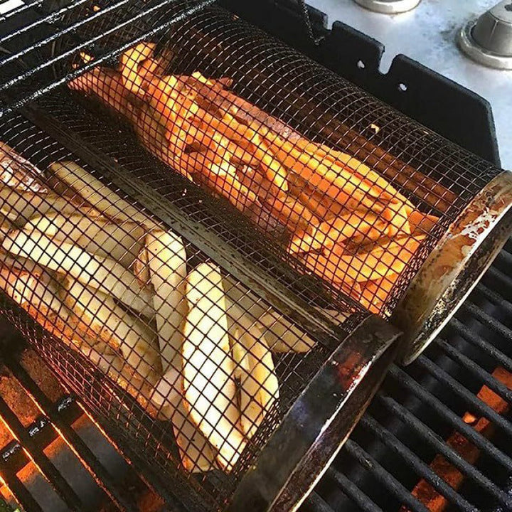 Rolling Metal BBQ Grilling Basket Portable Outdoor Camping Rack