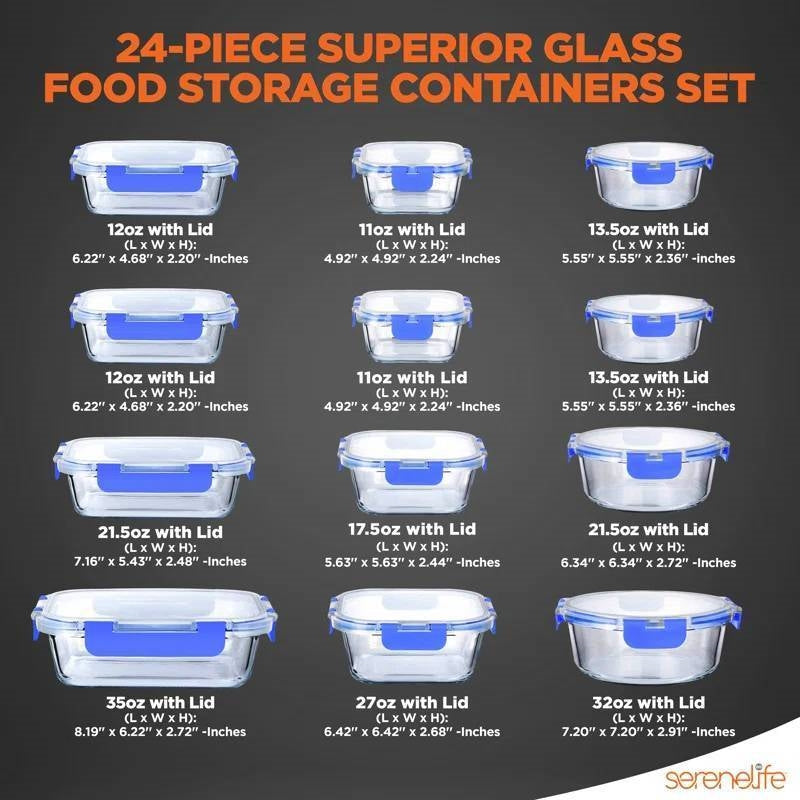24 Piece Glass Food Storage Container Bakeware Set Snap Lids