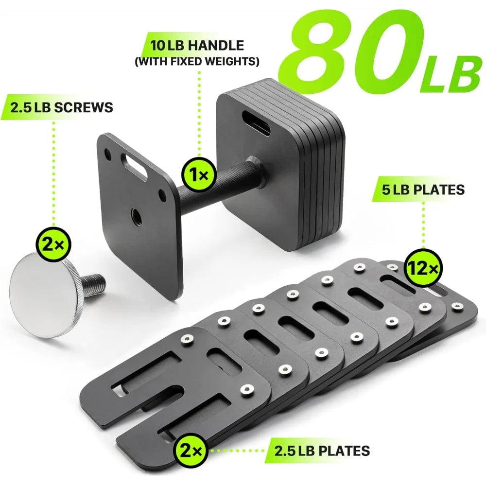 Adjustable Dumbbell Set 10–80lb Quick Lock Home Gym Weights