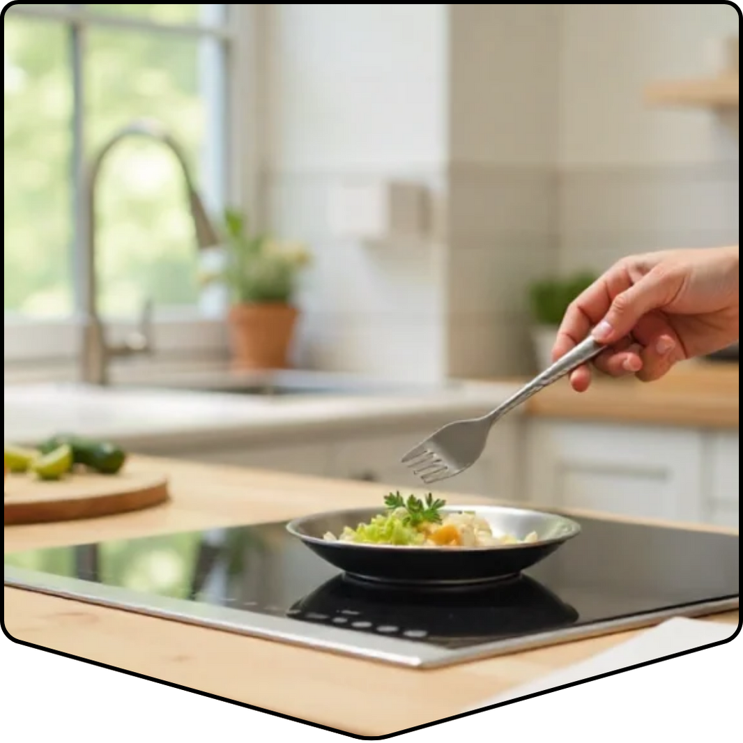 Person holding a fork over a bowl of salad on an induction cooktop in a kitchen.