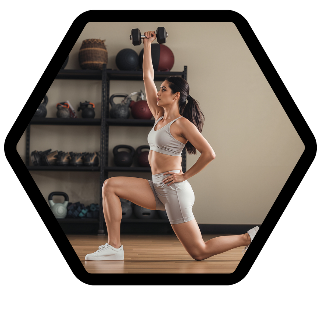 Woman exercising with dumbbells in a home gym setting